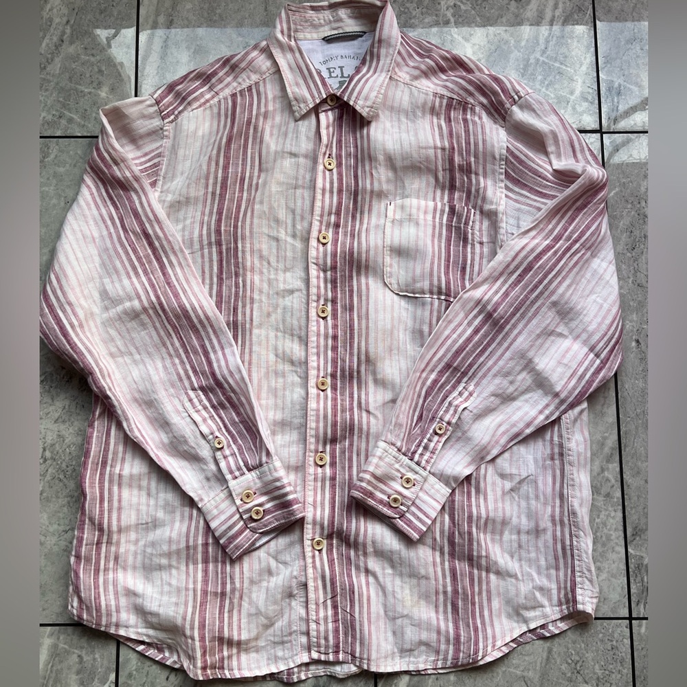 Tommy Bahama Mens Pink/White Relax Stripe 100%Linen Long Sleeve ButtonUp Shirt L